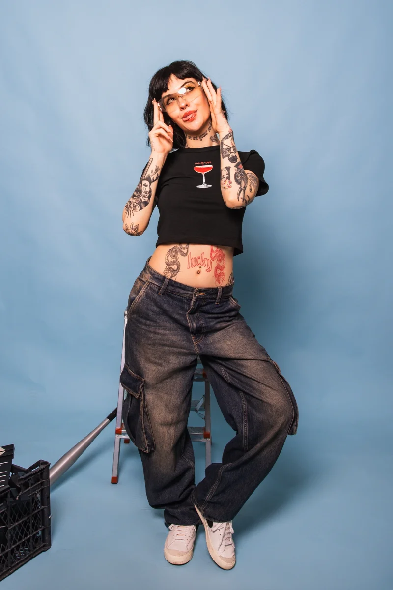 Lick My Chili Baskılı Siyah Crop Top