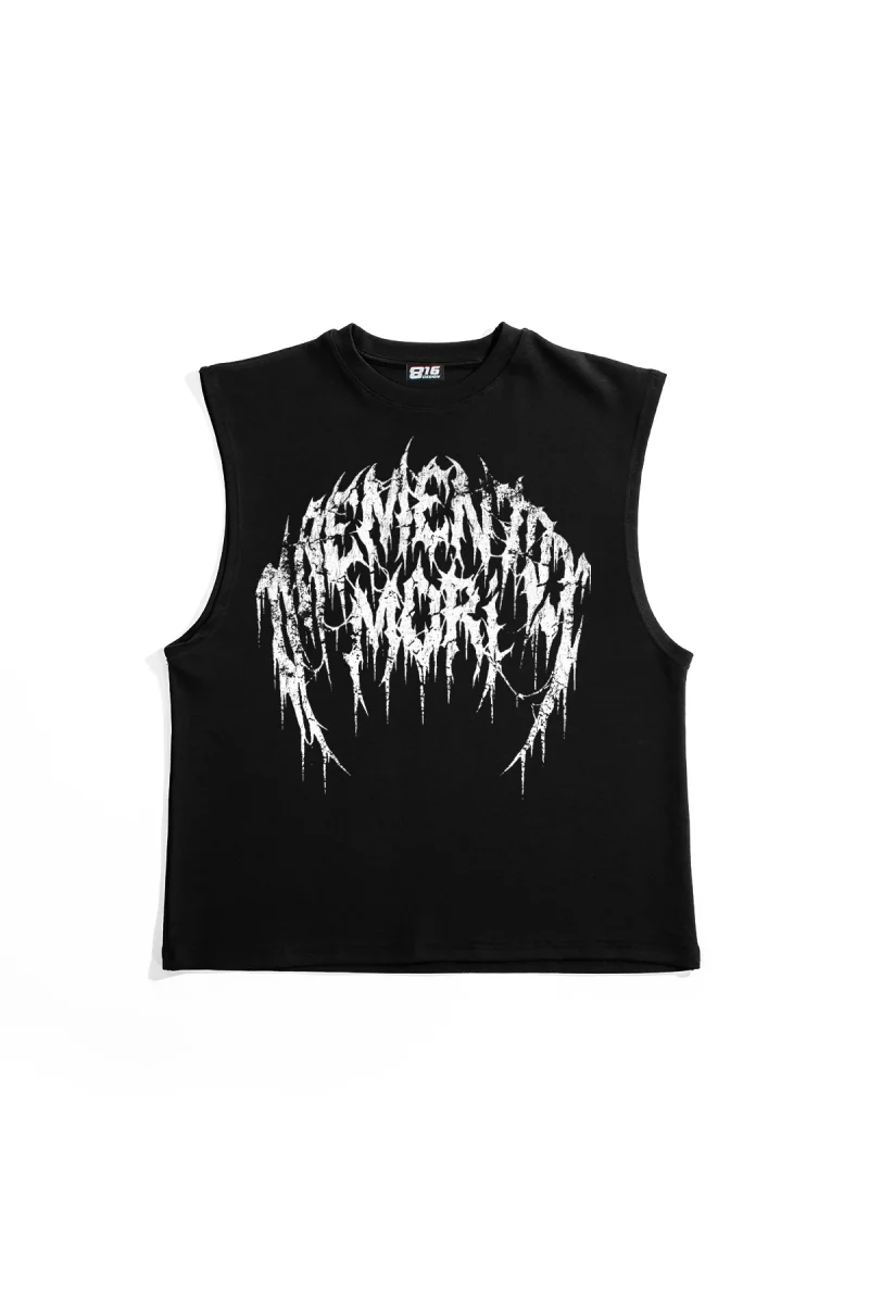 Memento Mori Baskılı Siyah Sıfır Kol Tişört
