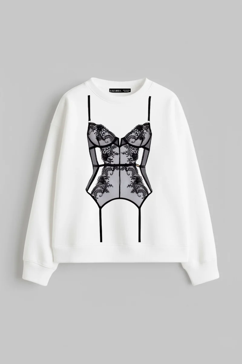Lingerie Baskılı Kapüşonsuz Relaxed Fit Kadın Beyaz Sweatshirt