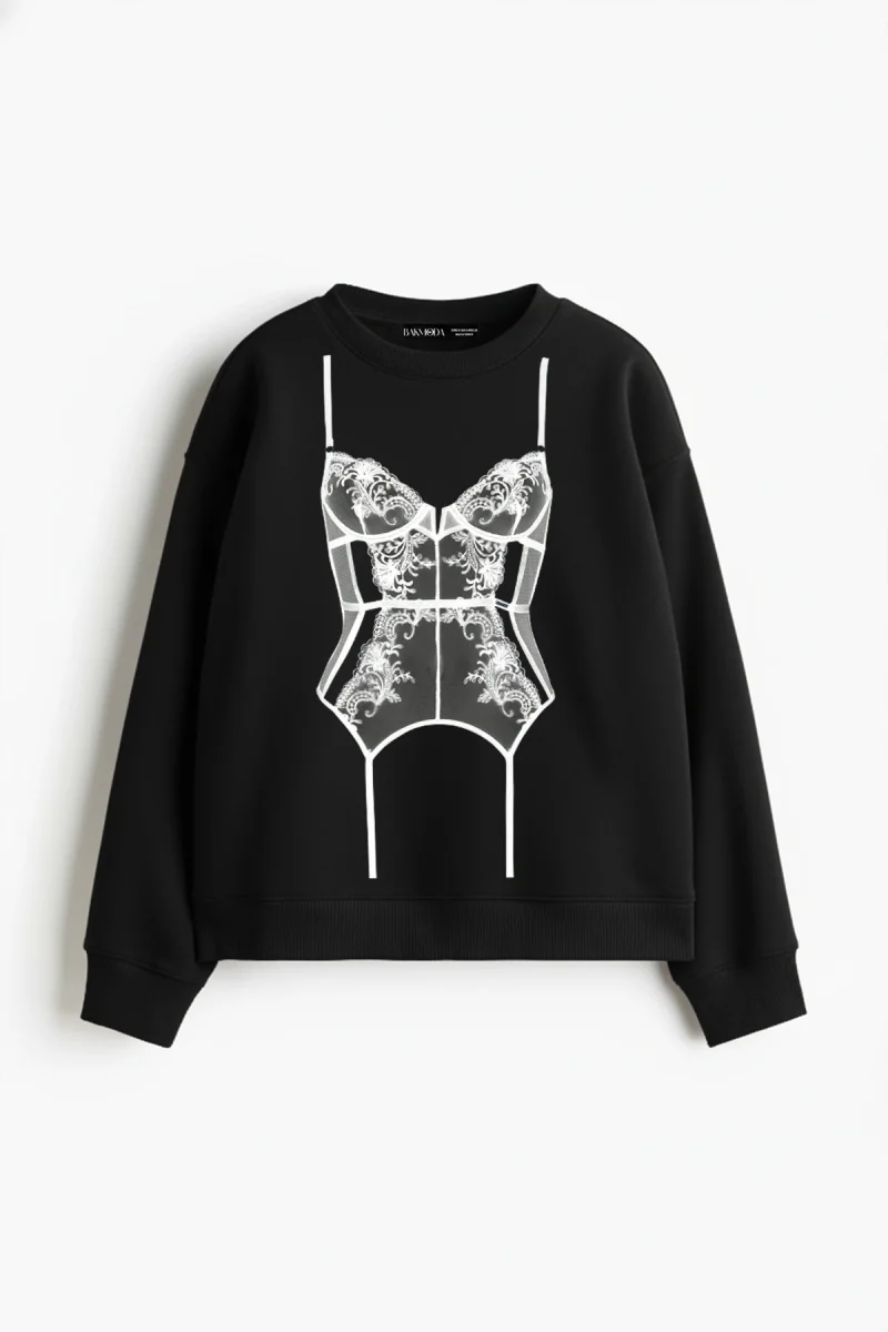 Lingerie Baskılı Kapüşonsuz Relaxed Fit Kadın Siyah Sweatshirt