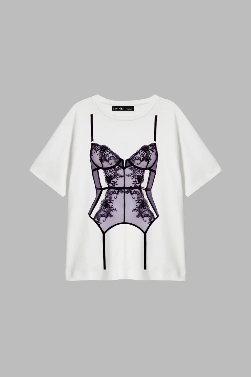 Lingeries Mor Baskılı Relaxed Fit Beyaz Kadın Tshirt