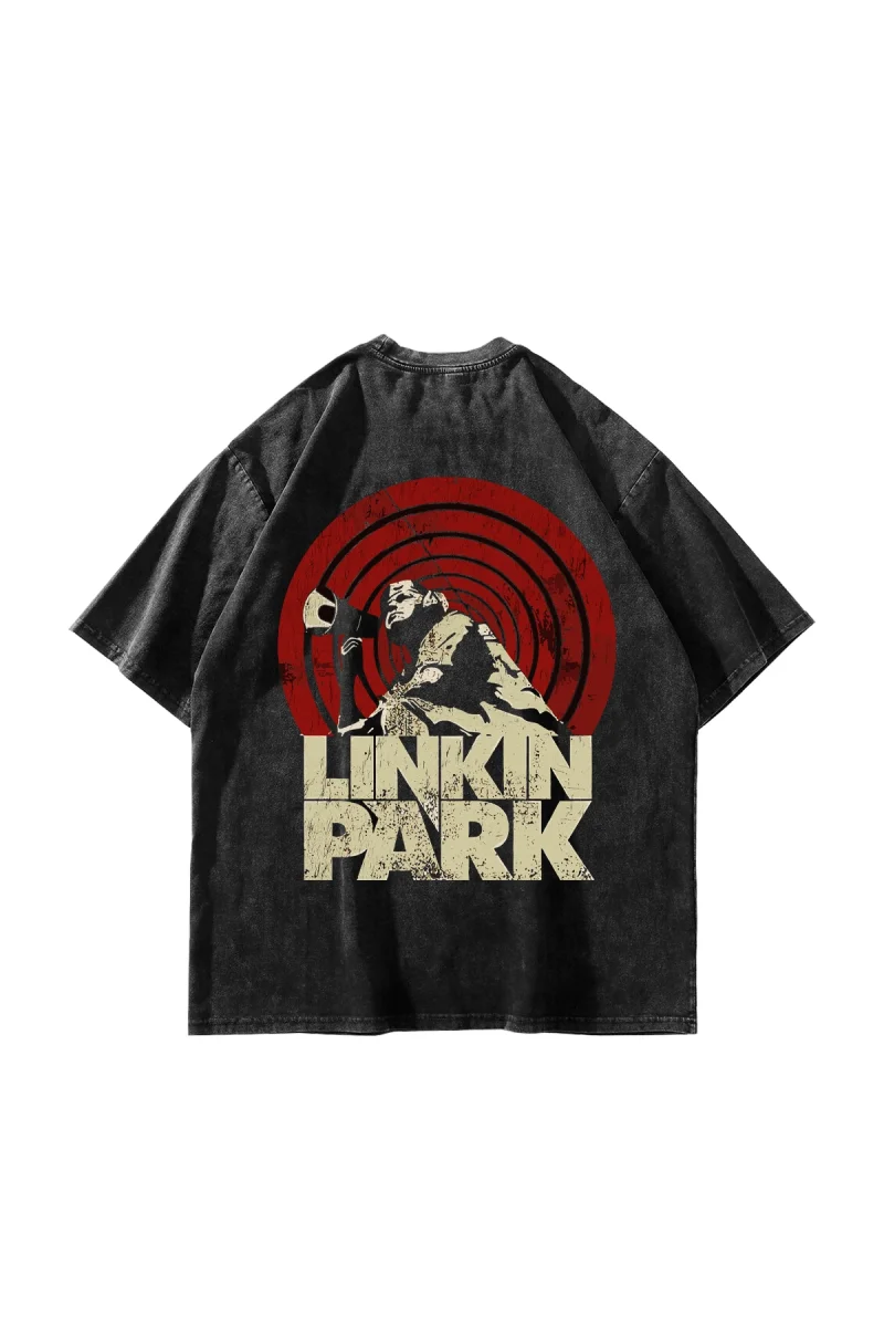 Linkin Park Baskılı Oversize Yıkamalı Siyah Tshirt