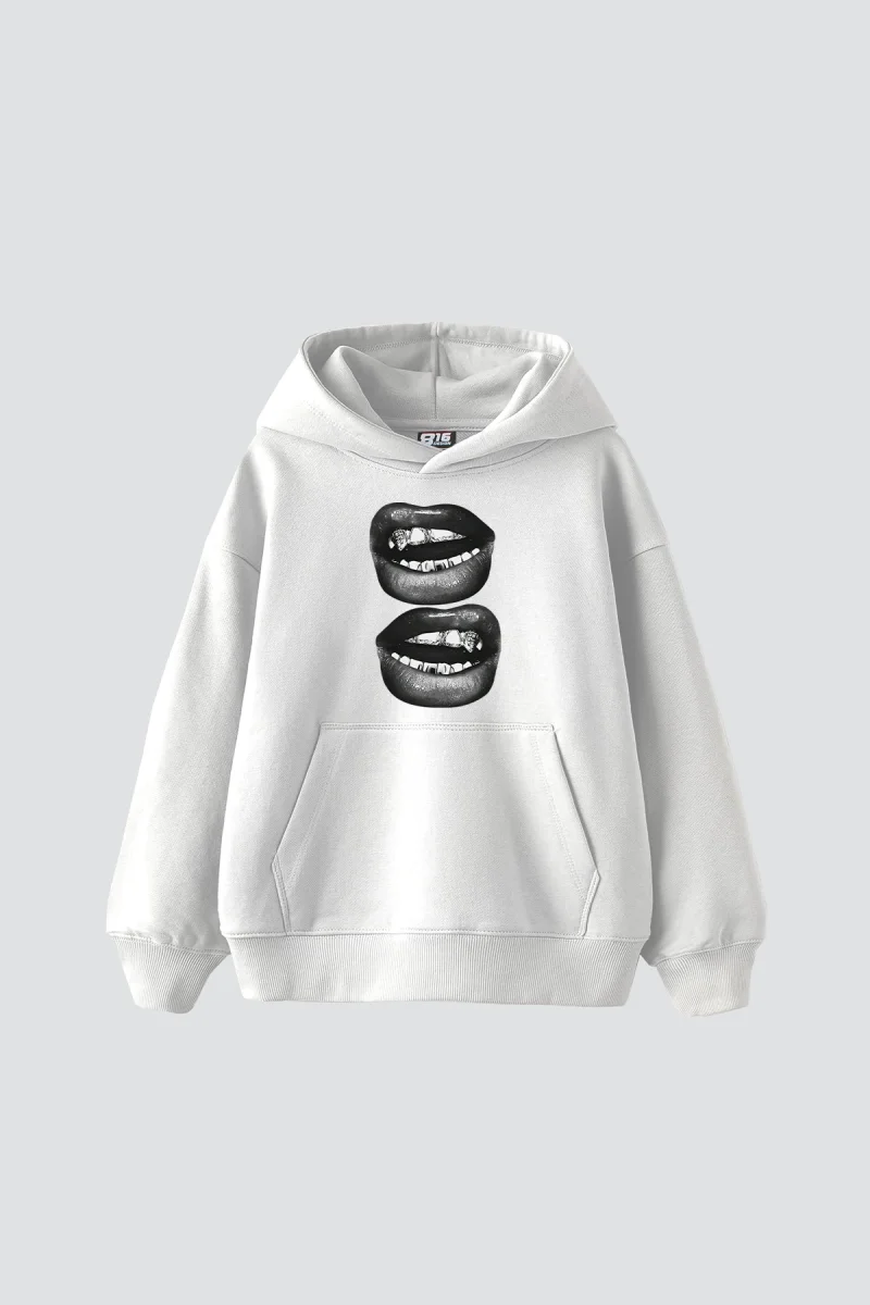 Lip Teeths Baskılı Oversize Unisex Beyaz Hoodie