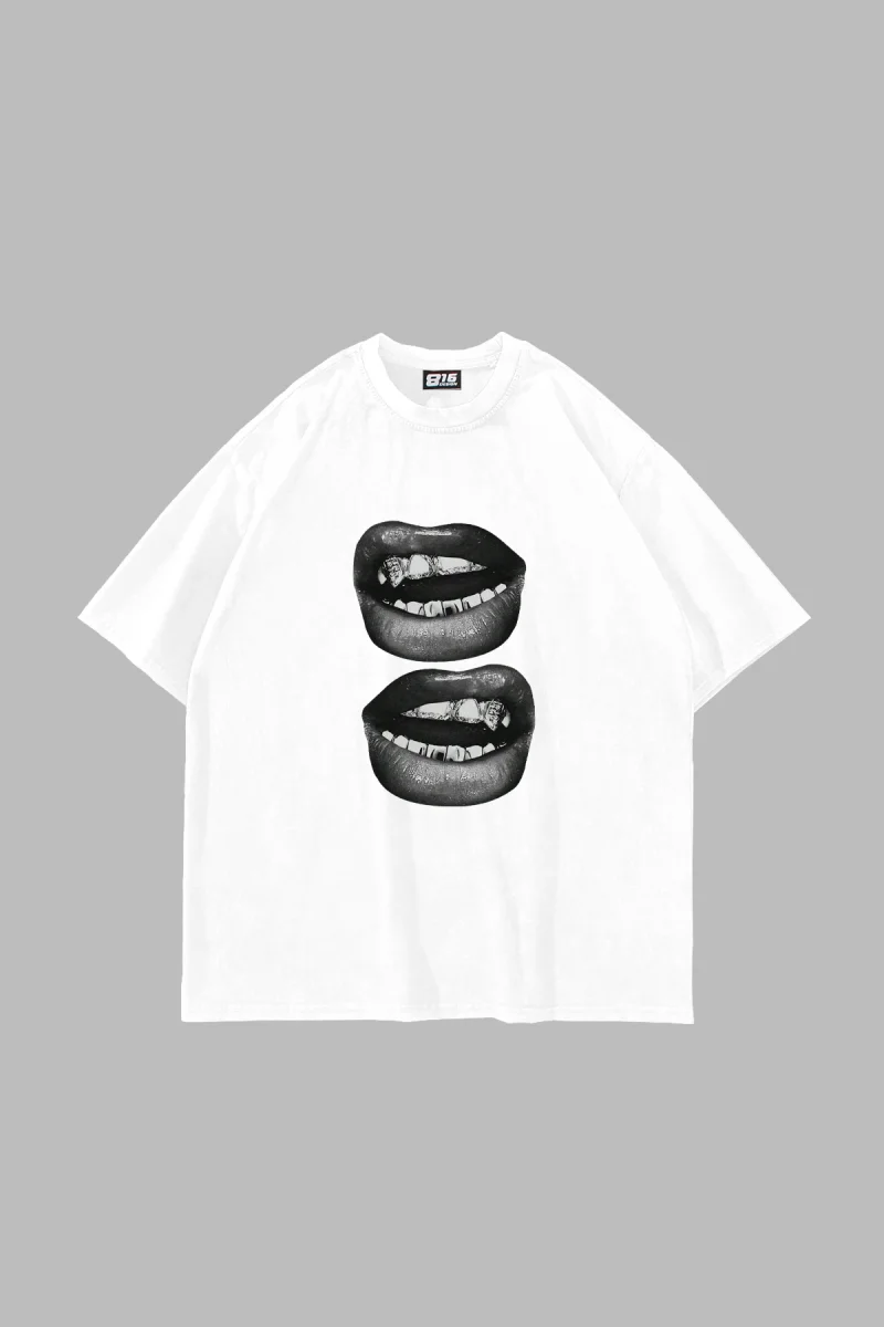 Lip teeths Baskılı Oversize Unisex Beyaz Tshirt