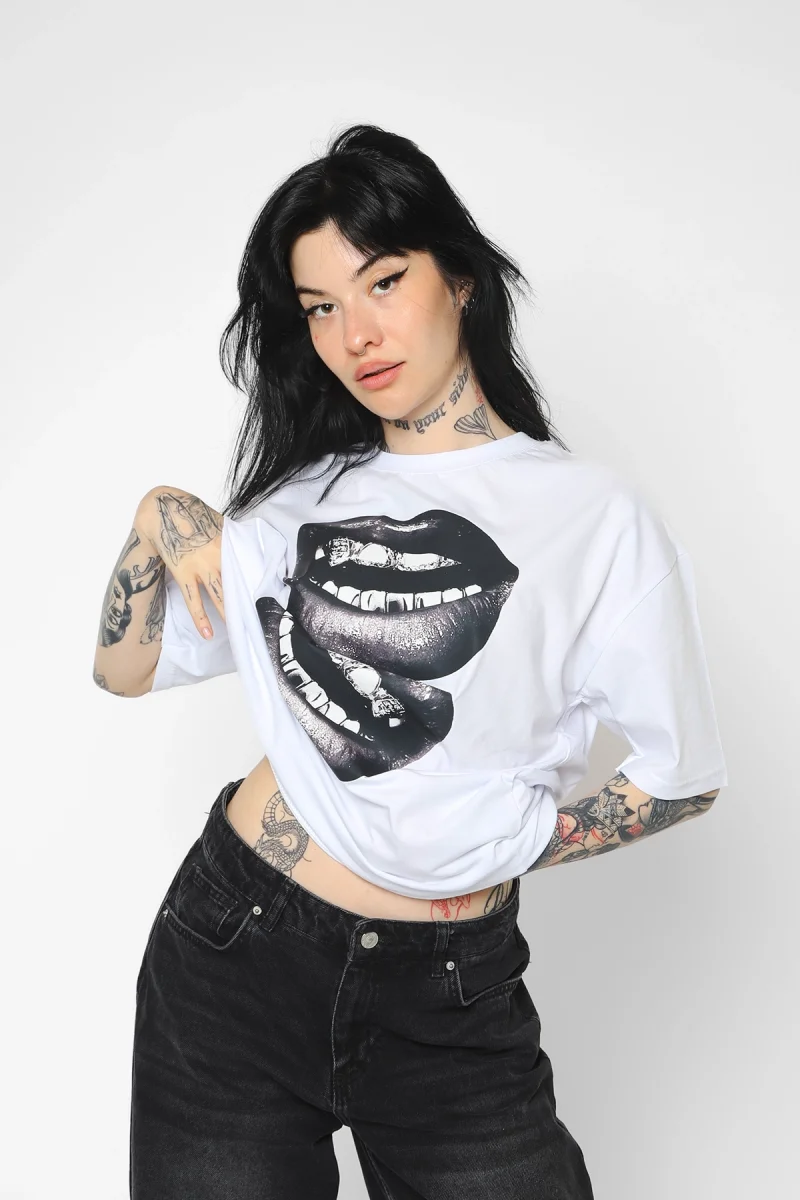 Lip teeths Baskılı Oversize Unisex Beyaz Tshirt