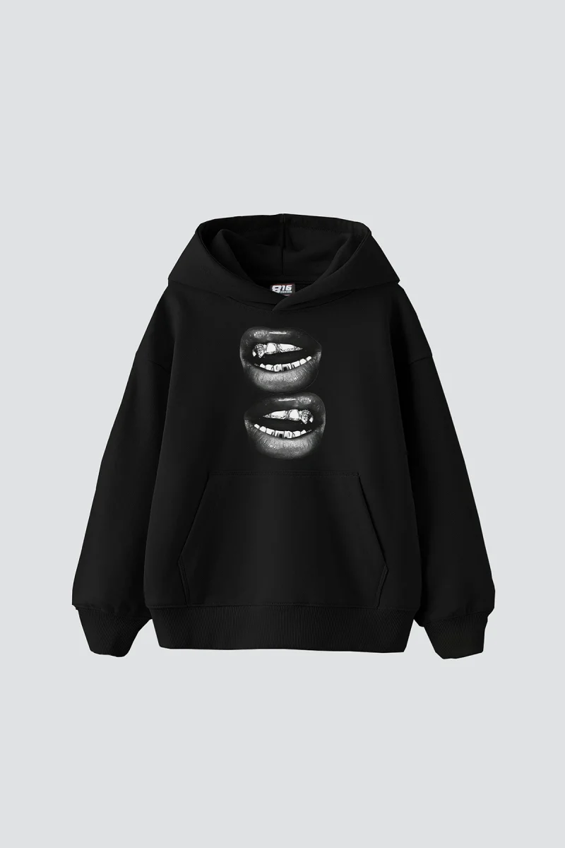 Lip Teeths Baskılı Oversize Unisex Siyah Hoodie