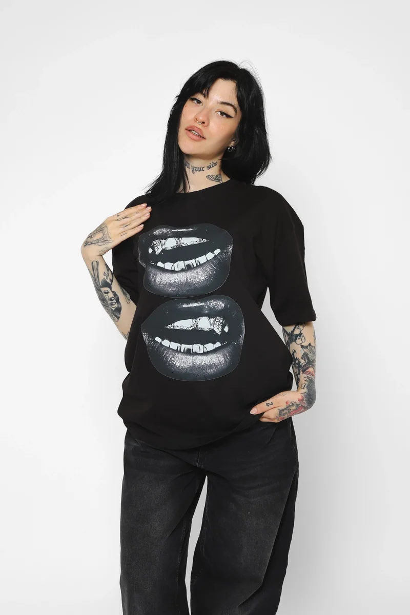 Lip teeths Baskılı Oversize Unisex Siyah Tshirt