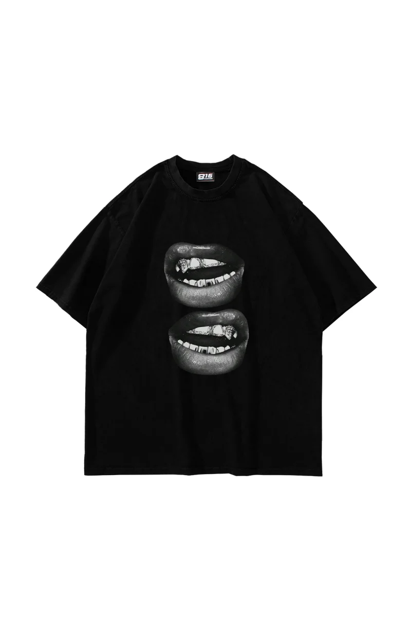 Lip teeths Baskılı Oversize Unisex Siyah Tshirt