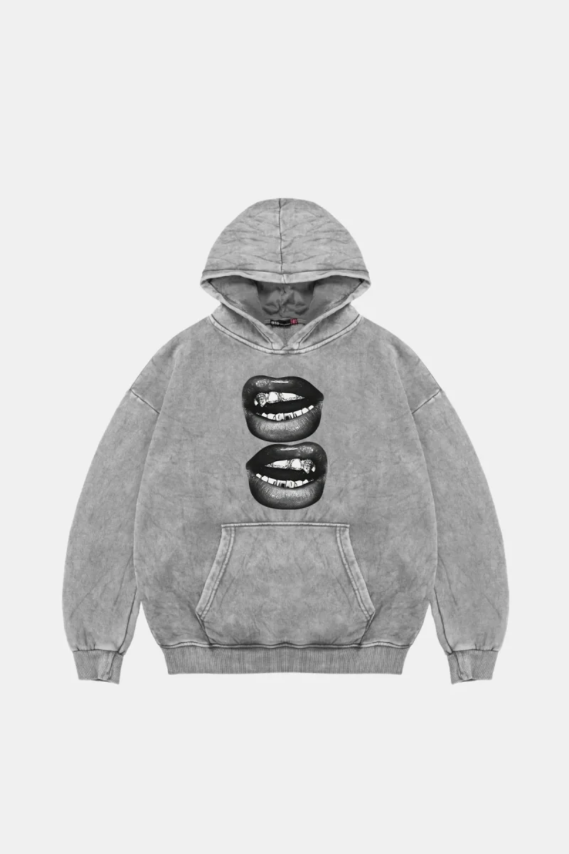 Lip Teeths Baskılı Oversize Unisex Yıkamalı Beyaz Hoodie
