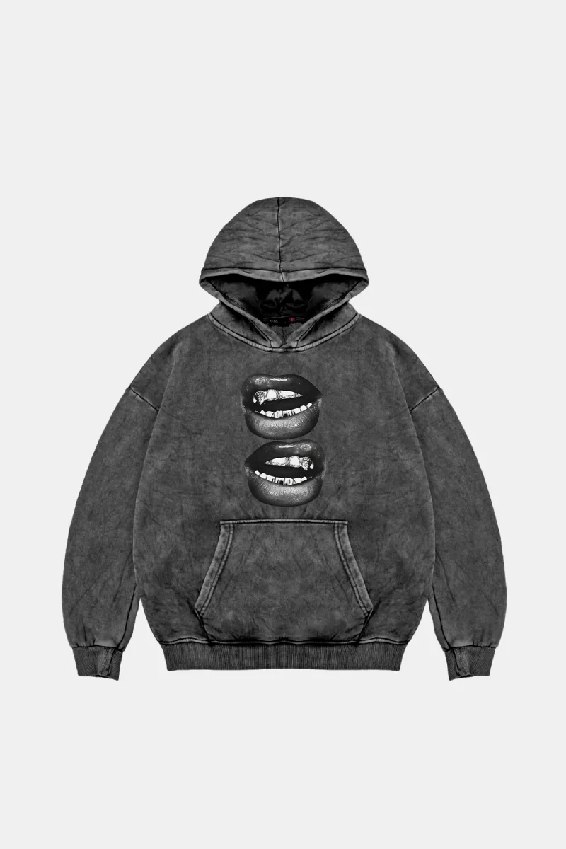 Lip Teeths Baskılı Oversize Unisex Yıkamalı Siyah Hoodie