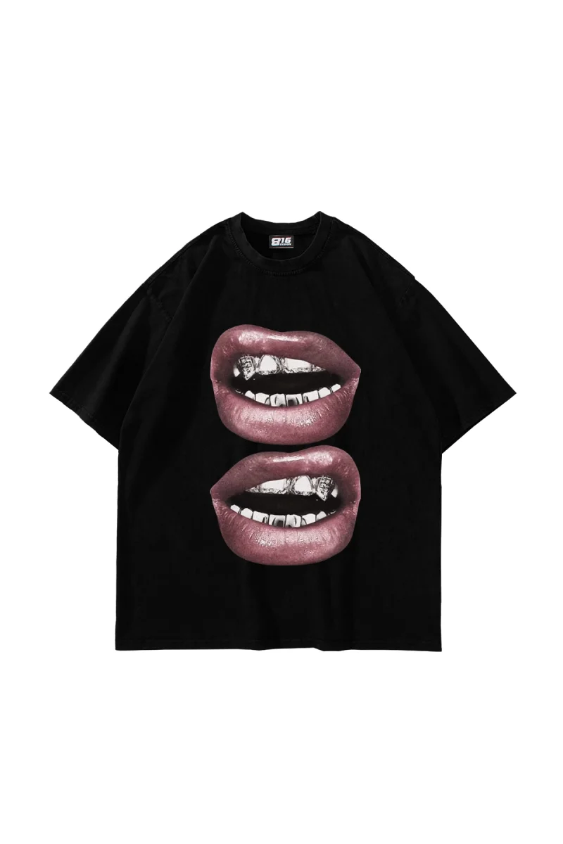 V2 Lip Teeths Baskılı Oversize Unisex Siyah Tshirt