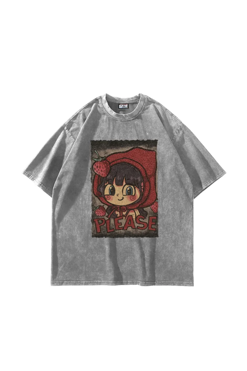 Little Red Riding Hood Baskılı Oversize Unisex Yıkamalı Beyaz Tshirt