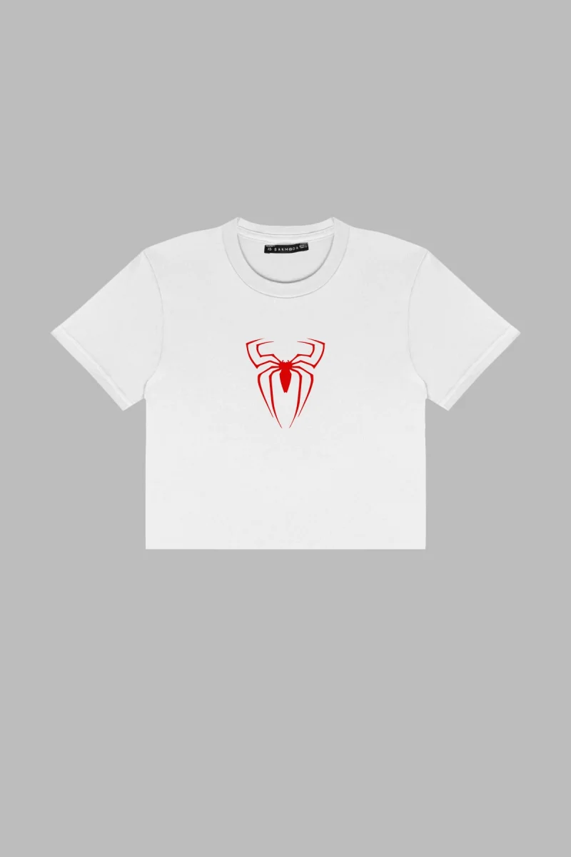 Spider Baskılı Beyaz Crop Top