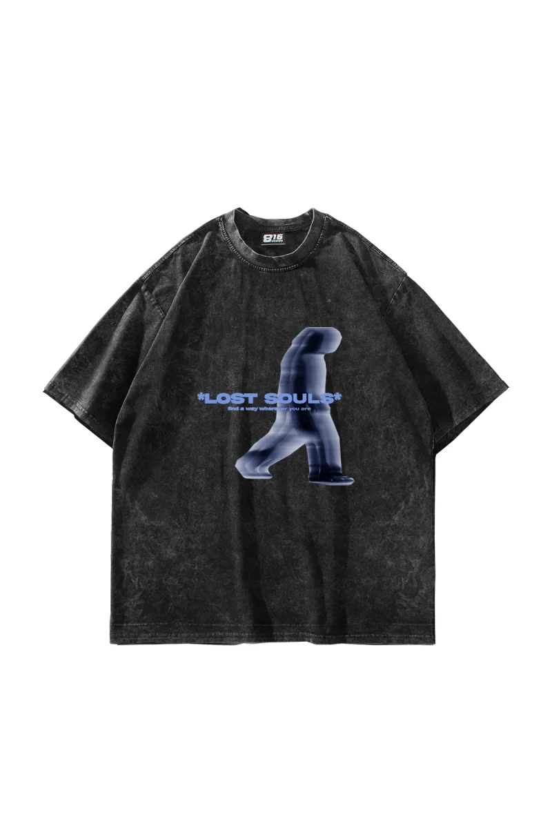 Lost Souls Baskılı Yıkamalı Siyah Unisex Oversize Tshirt