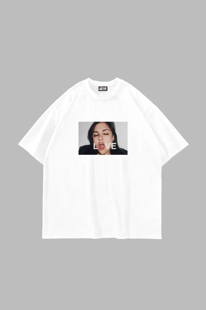 Love Photo Baskılı Oversize Unisex Beyaz Tshirt