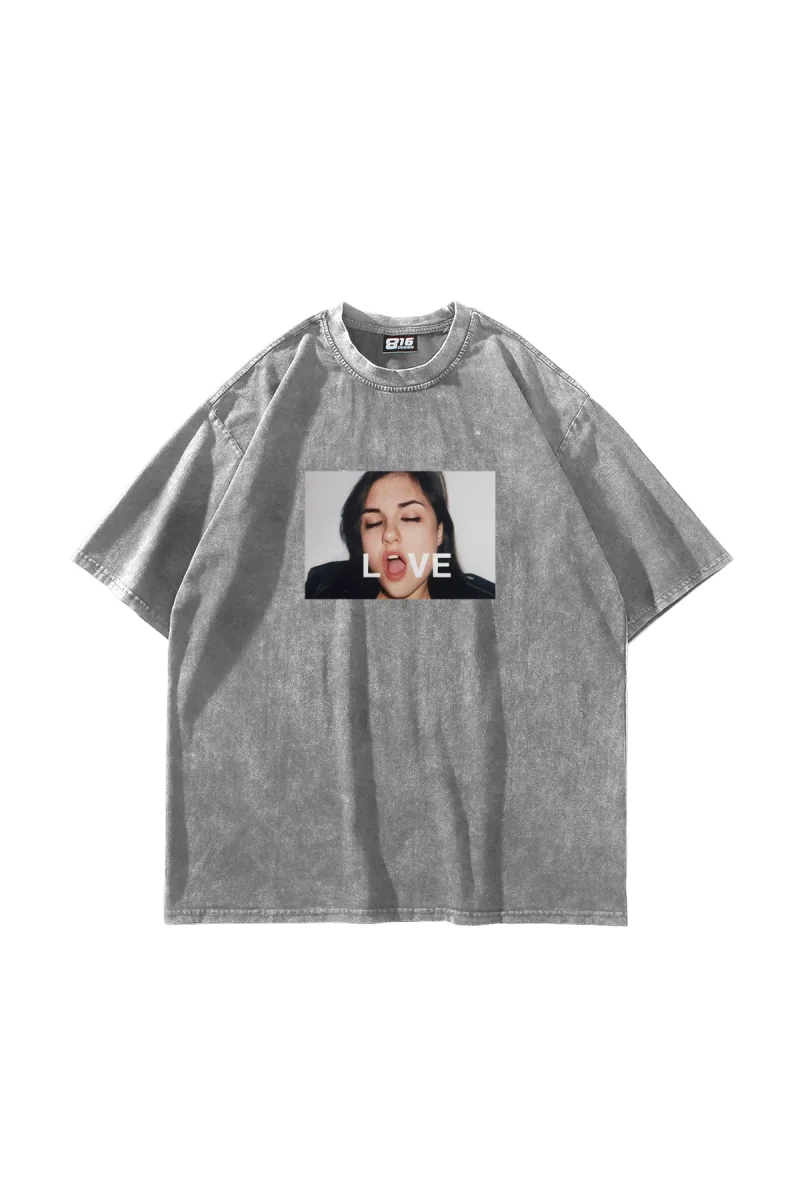 Love Photo Baskılı Oversize Unisex Yıkamalı Beyaz Tshirt