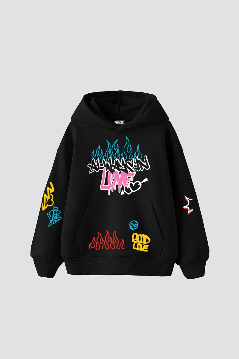 Love Graffiti Baskılı Oversize Unisex Siyah Hoodie