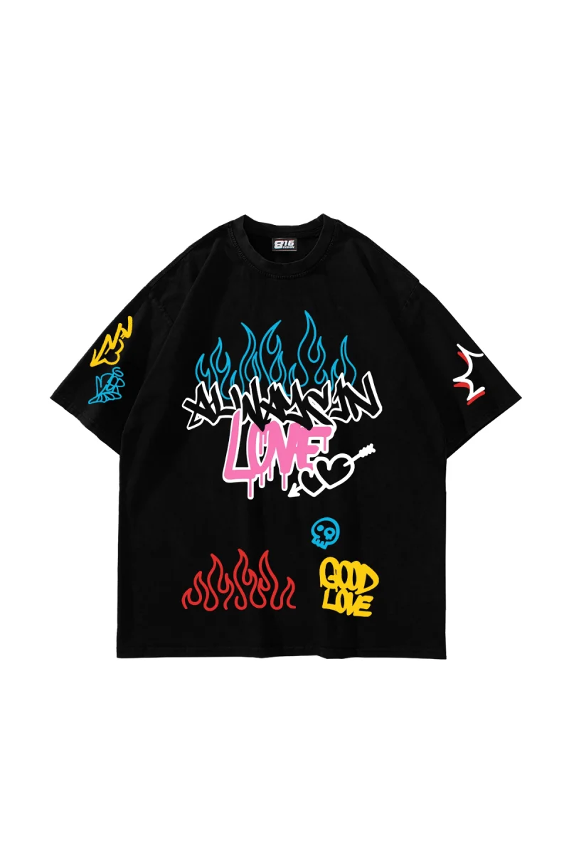 Love Graffiti Baskılı Oversize Unisex Siyah Tshirt
