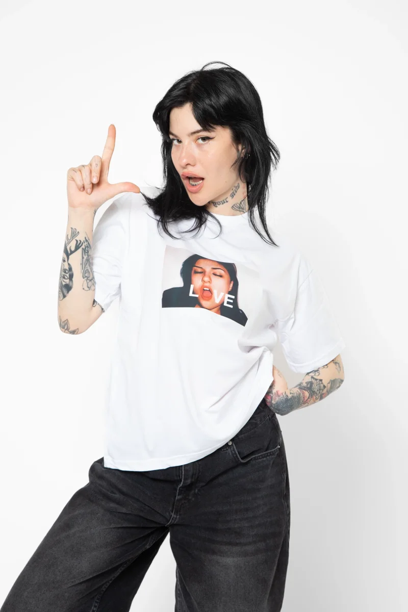 Love Photo Baskılı Relaxed Fit Beyaz Kadın Tshirt