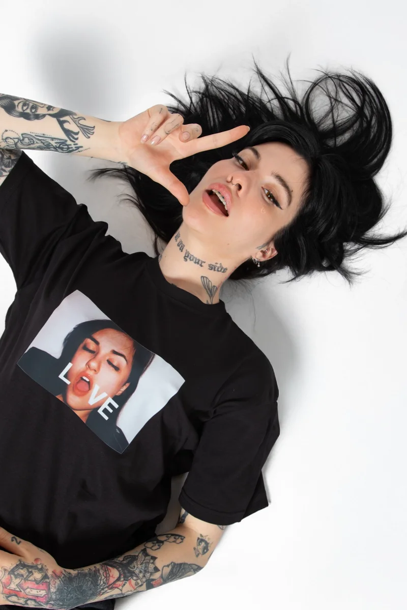 Love Photo Baskılı Relaxed Fit Siyah Kadın Tshirt