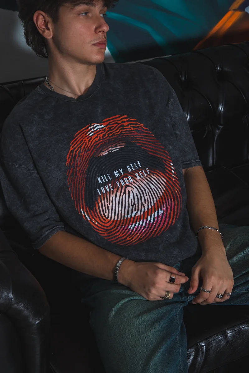 Love Your Self Oversize Unisex Yıkamalı Siyah Tshirt