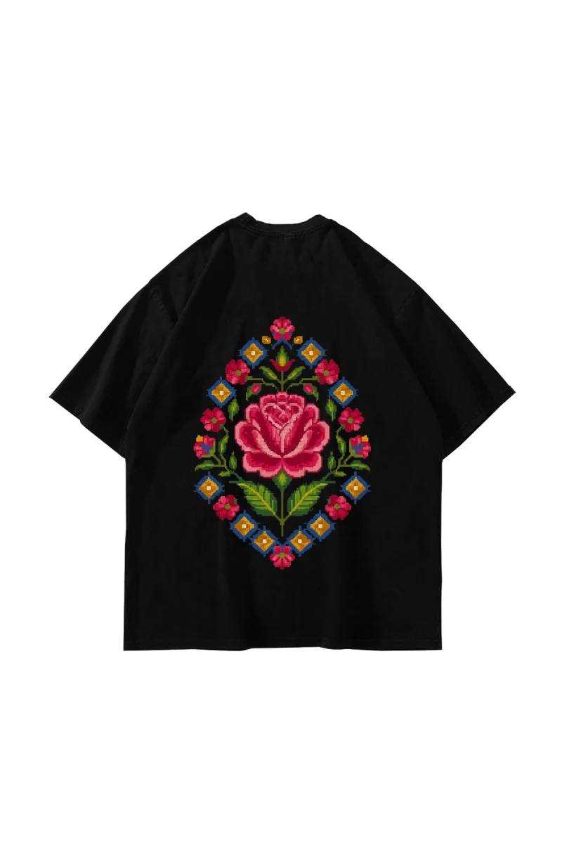 Rose-Face Baskılı Oversize Unisex Siyah Tshirt