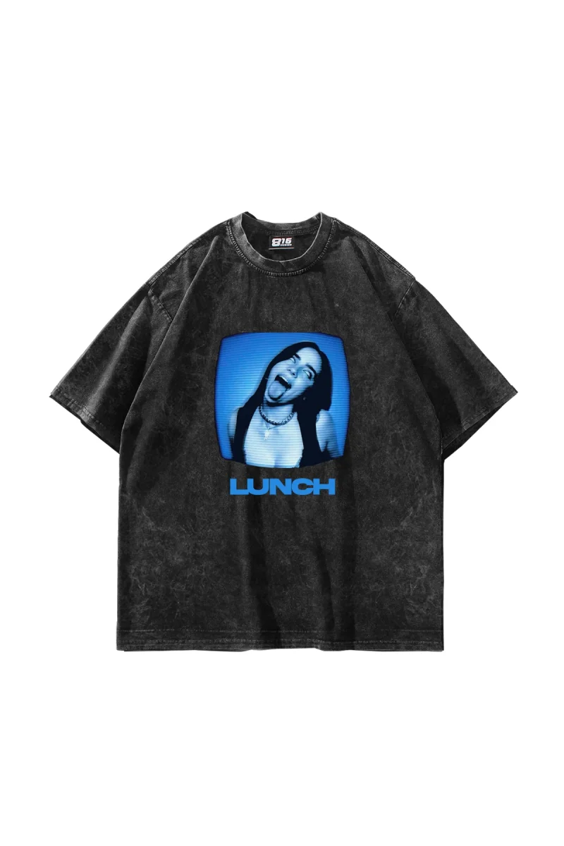 Lunch Baskılı Oversize Unisex Yıkamalı Siyah Tshirt