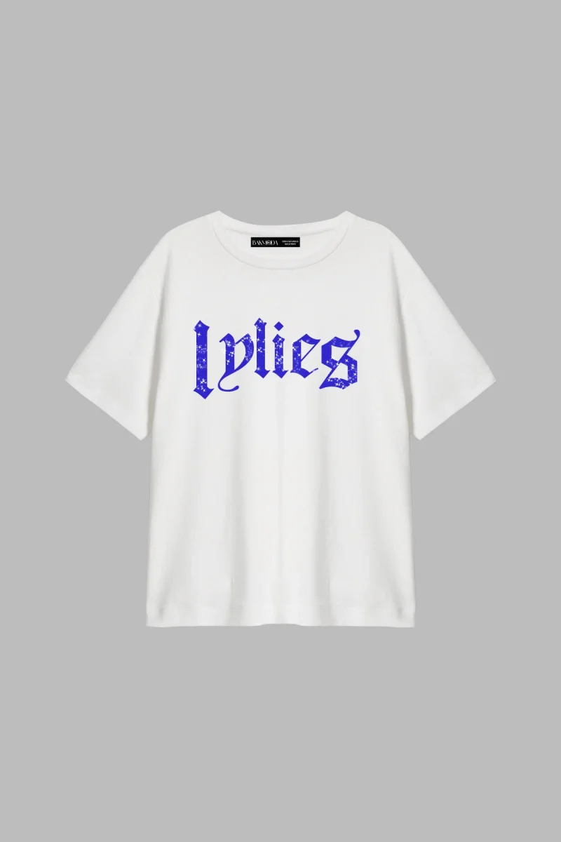 Lylie Mavi Taş Baskılı Relaxed Fit Beyaz Kadın Tshirt