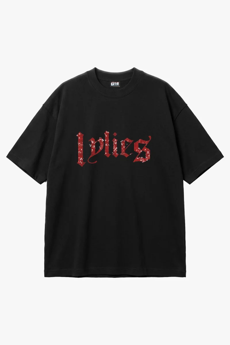 Lylies Kırmızı Taş Baskılı Oversize Unisex Siyah Tshirt