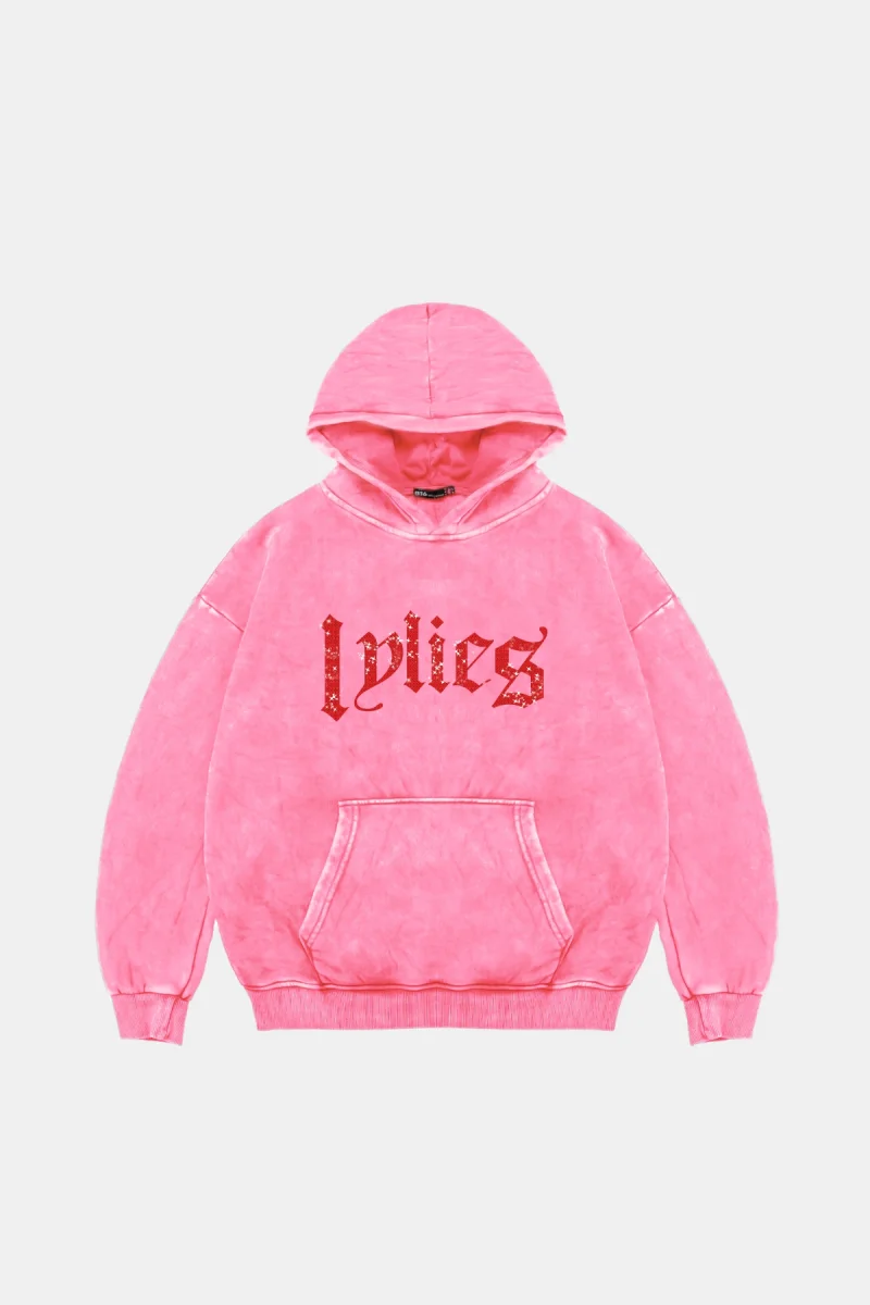 Lylies Kırmızı Taş Baskılı Oversize Unisex Yıkamalı Pembe Hoodie