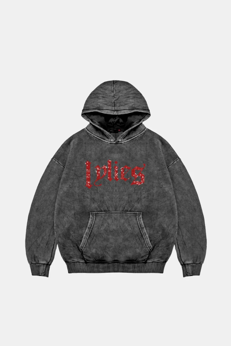 Lylies Kırmızı Taş Baskılı Oversize Unisex Yıkamalı Siyah Hoodie