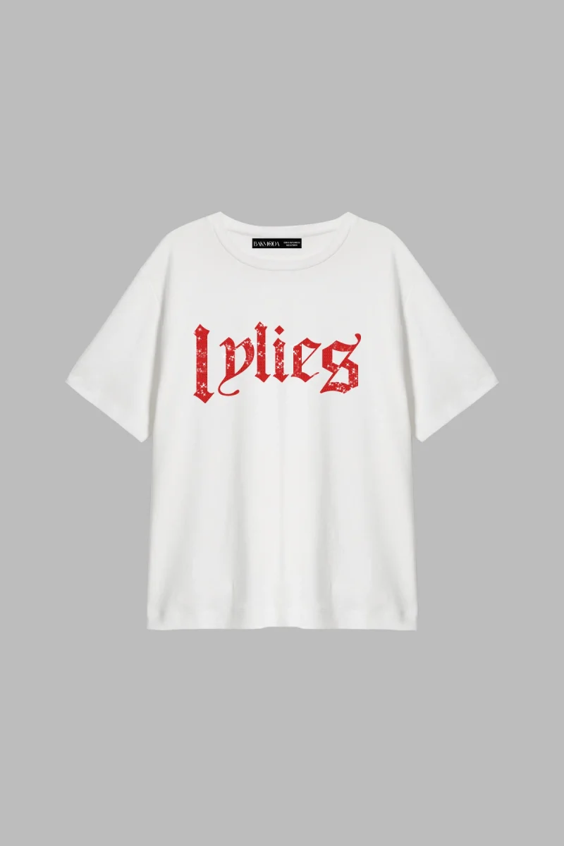 Lylies Kırmızı Taş Baskılı Relaxed Fit Beyaz Kadın Tshirt