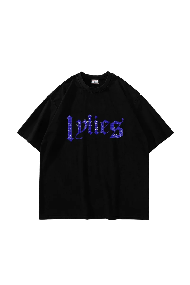 Lylies Mavi Taş Baskılı Oversize Unisex Siyah Tshirt