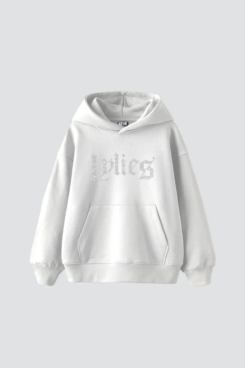 Lylies Taş Baskılı Oversize Unisex Beyaz Hoodie