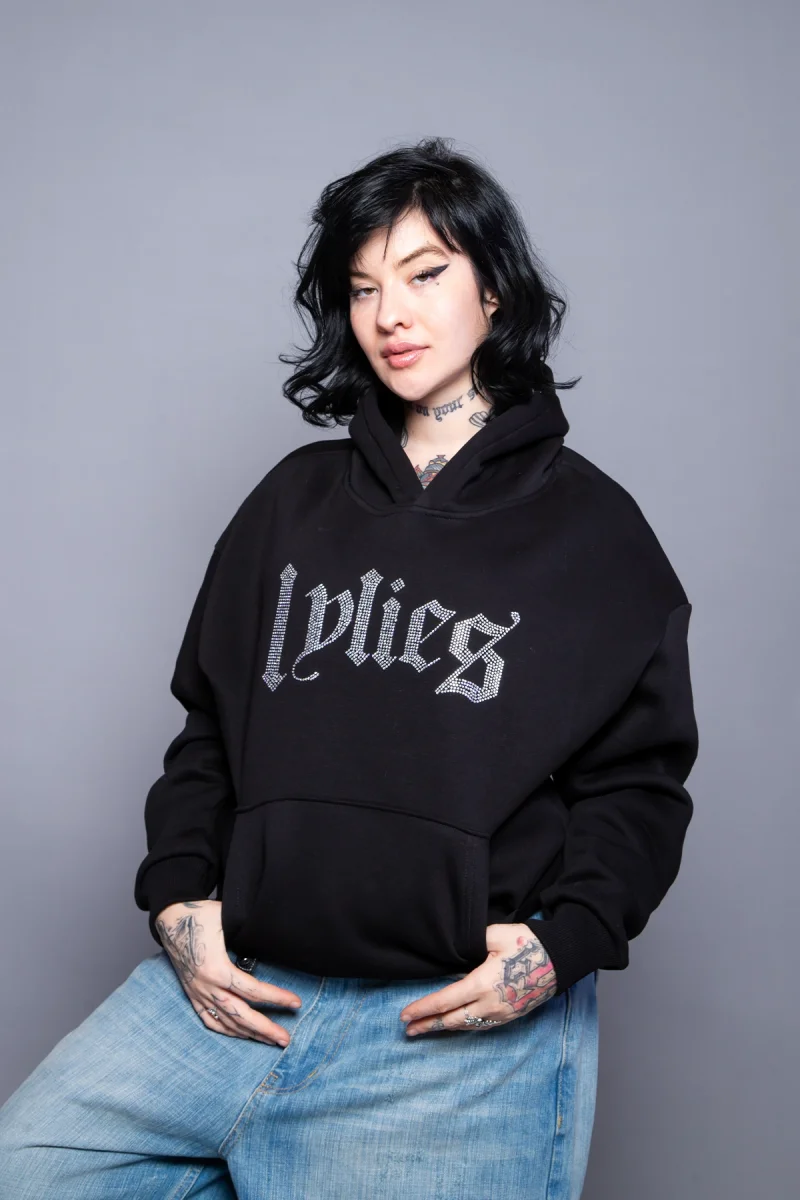 Lylies Taş Baskılı Oversize Unisex Siyah Hoodie