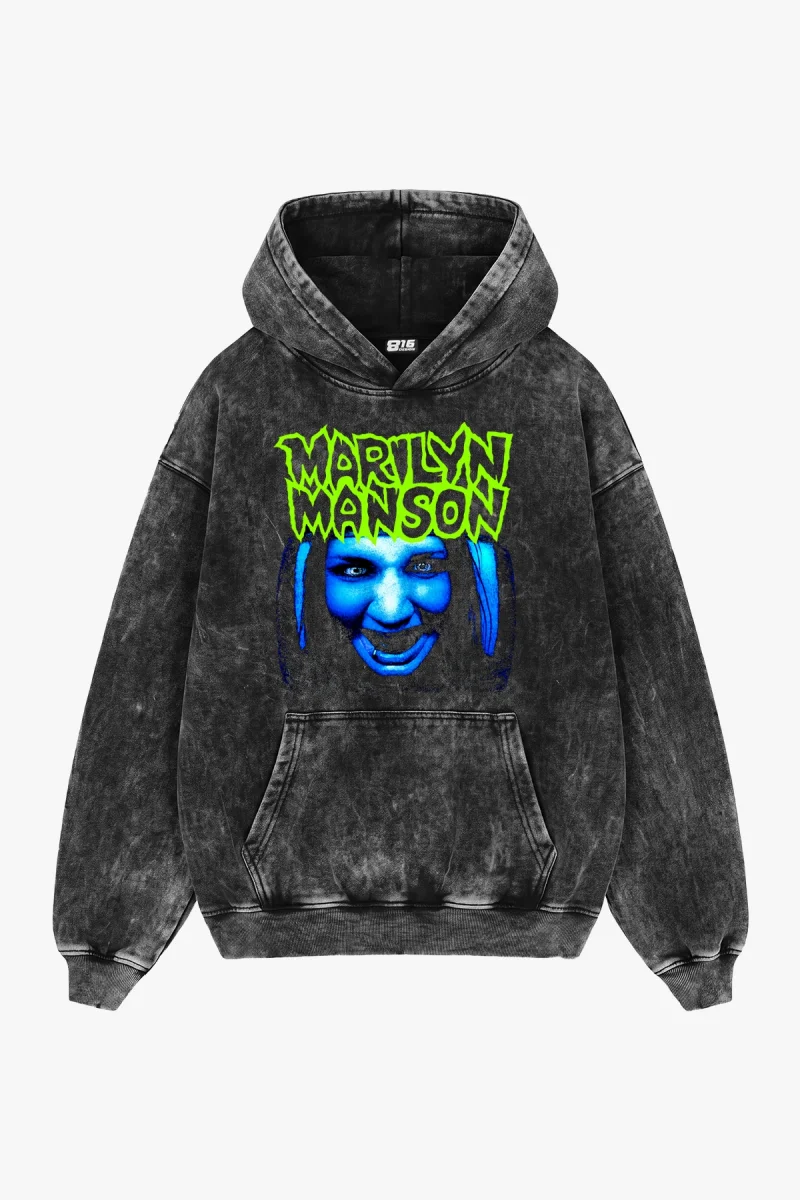 M. Manson Baskılı Vintage Yıkamalı Siyah Oversize Hoodie