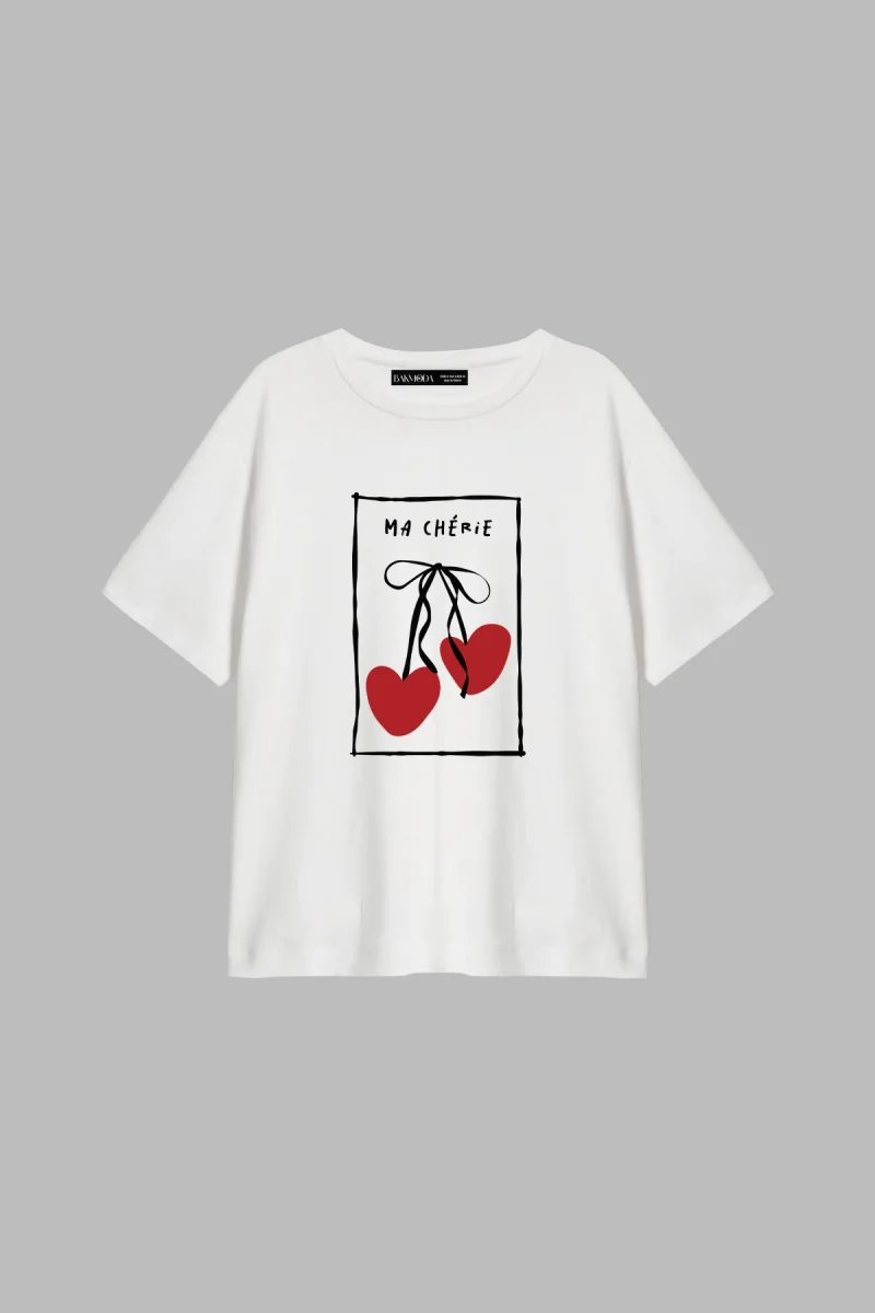 Ma Cherie Baskılı Relaxed Fit Beyaz Kadın Tshirt