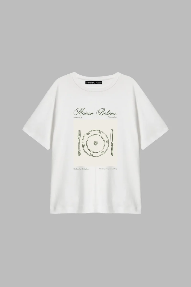 Maison Boheme Baskılı Relaxed Fit Beyaz Kadın Tshirt