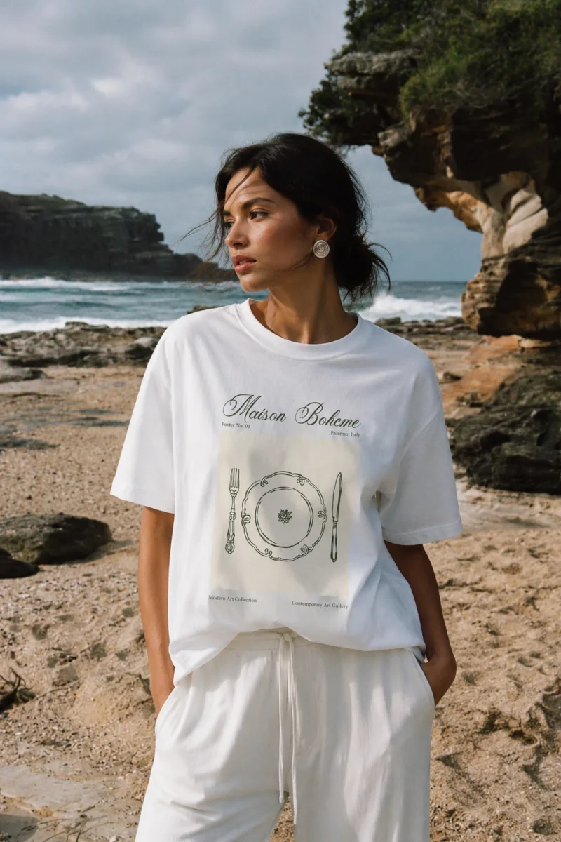 Maison Boheme Baskılı Relaxed Fit Beyaz Kadın Tshirt