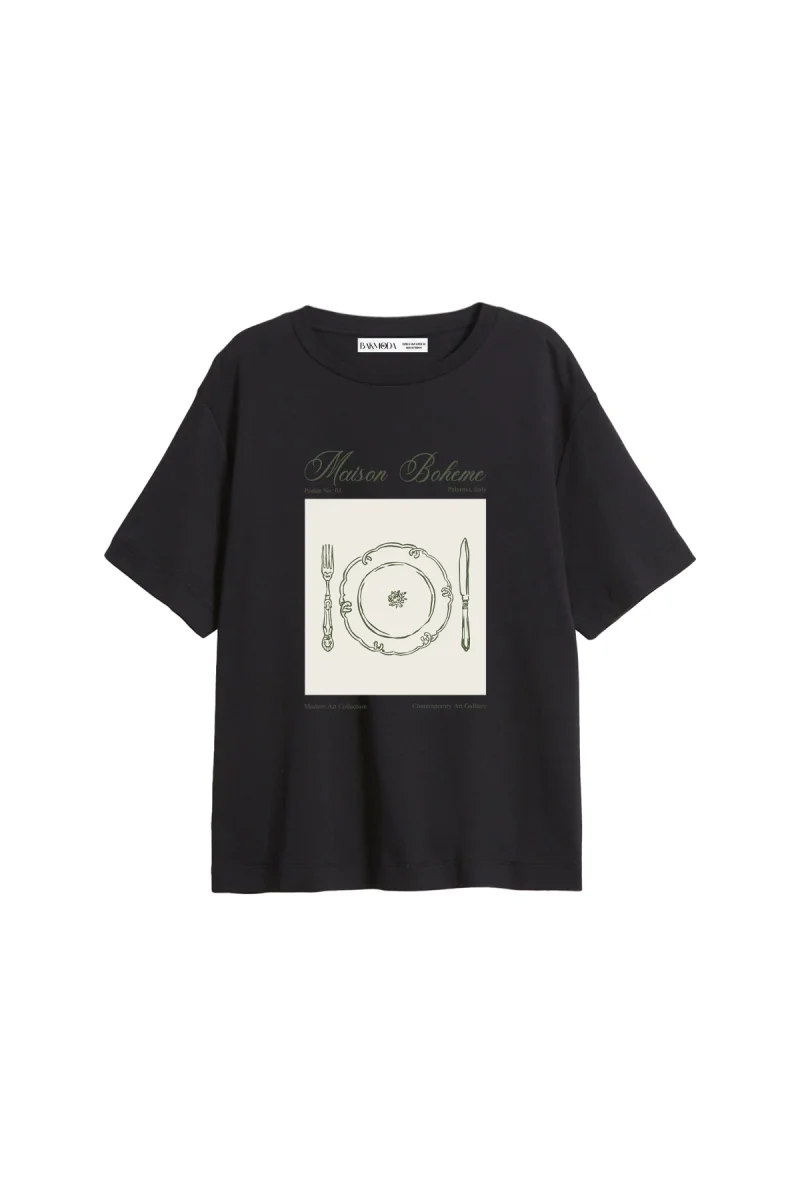 Maison Boheme Baskılı Relaxed Fit Siyah Kadın Tshirt