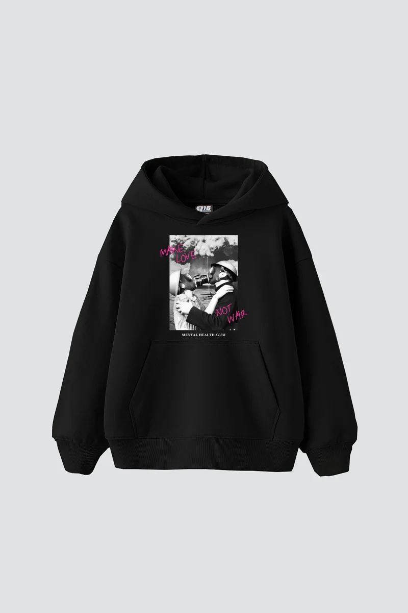 Make Love Not War Baskılı Oversize Unisex Siyah Hoodie