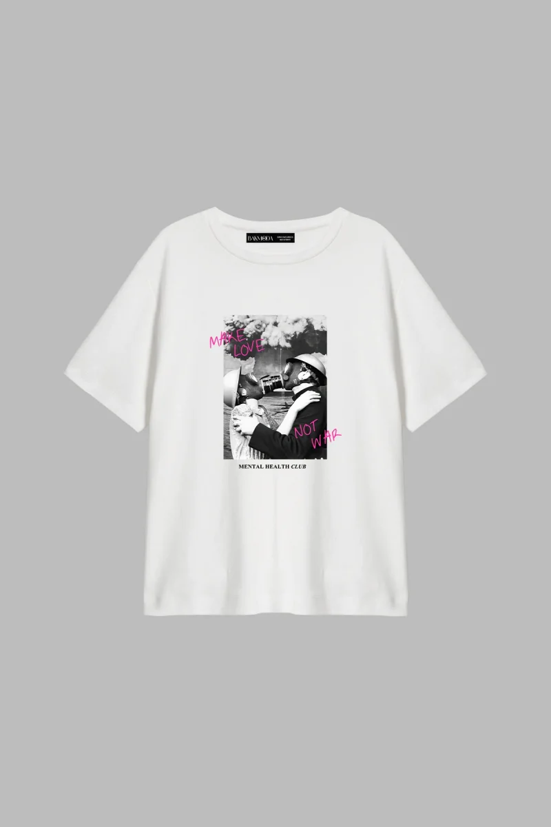 Make Love Not War Baskılı Relaxed Fit Beyaz Kadın Tshirt