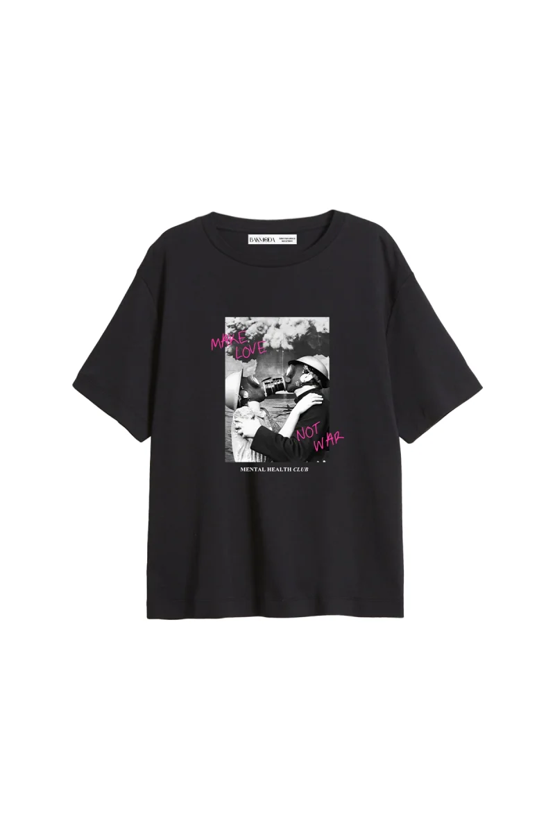 Make Love Not War Baskılı Relaxed Fit Siyah Kadın Tshirt