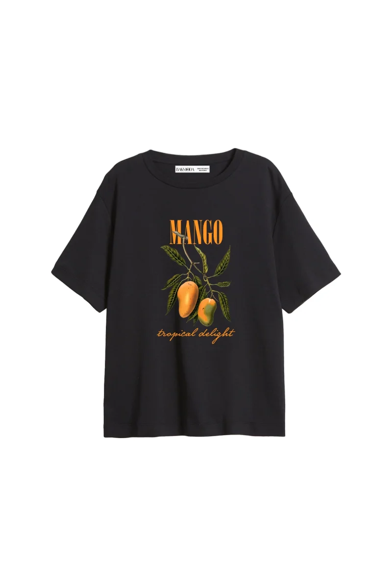 Mango Tropical Delight Baskılı Relaxed Fit Siyah Kadın Tshirt