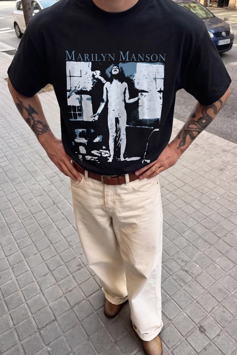 Marilyn Manson Blue Baskılı Siyah Oversize Tshirt