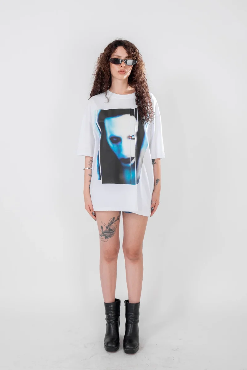 Marilyn Manson Baskılı Beyaz Oversize Tshirt
