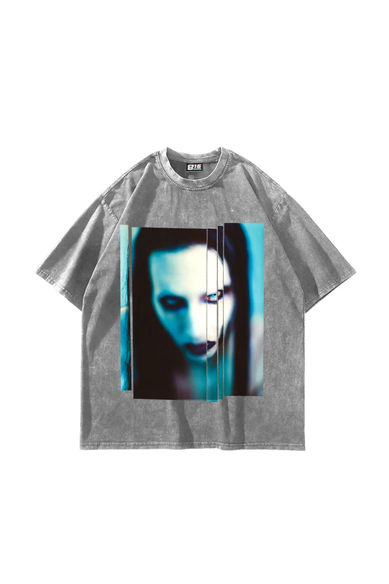 Marilyn Manson Baskılı Yıkamalı Beyaz Oversize Tshirt