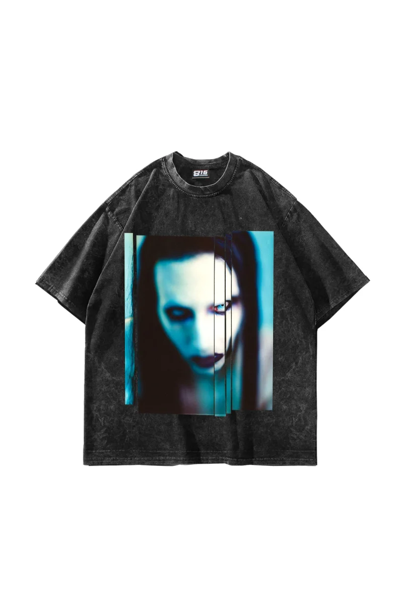 Marilyn Manson Baskılı Yıkamalı Siyah Oversize Tshirt