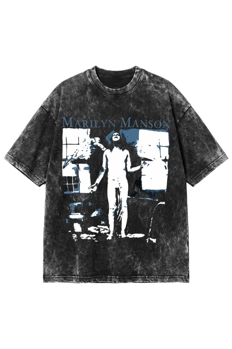 Manson Gothic Rock Baskılı Yıkamalı Siyah Oversize Unisex Tshirt