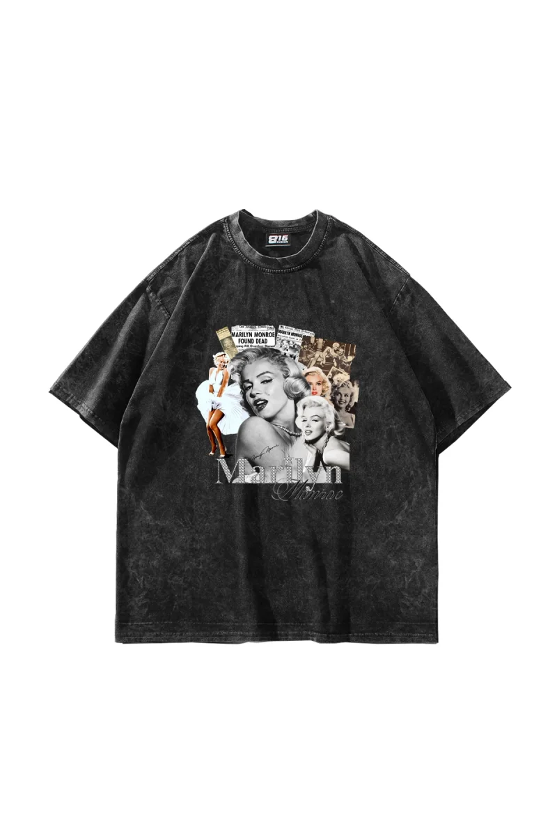 Marilyn Monroe Baskılı Oversize Unisex Yıkamalı Siyah Tshirt